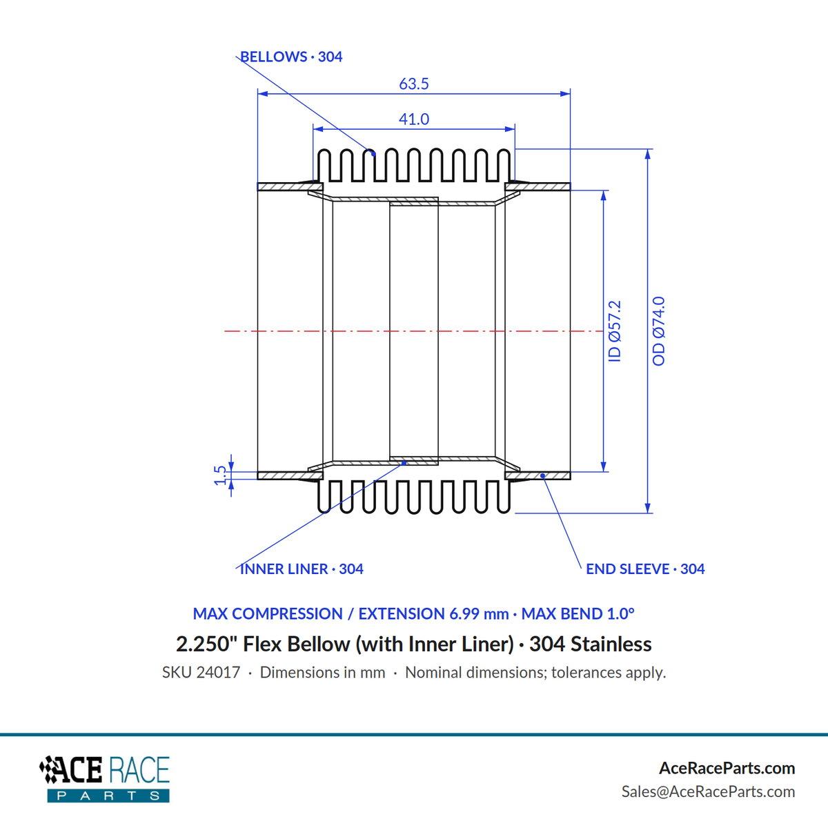 2.250" Flex Bellow (with Inner Liner) x 2.500" Overall Length - 304 Stainless