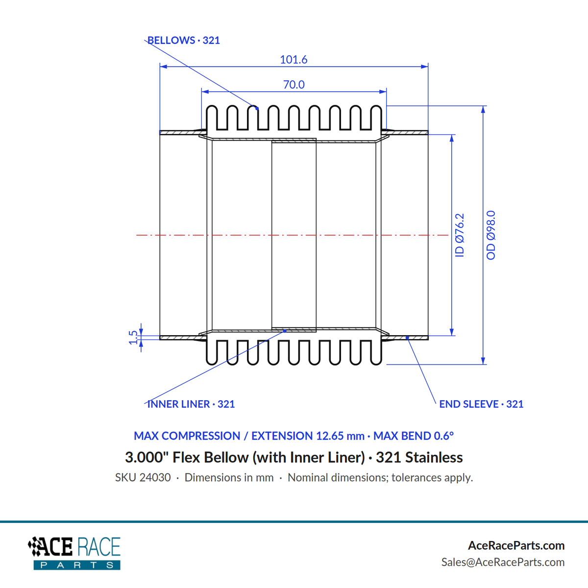 3.000" Flex Bellow (with Inner Liner) x 4.000" Overall Length - 321 Stainless