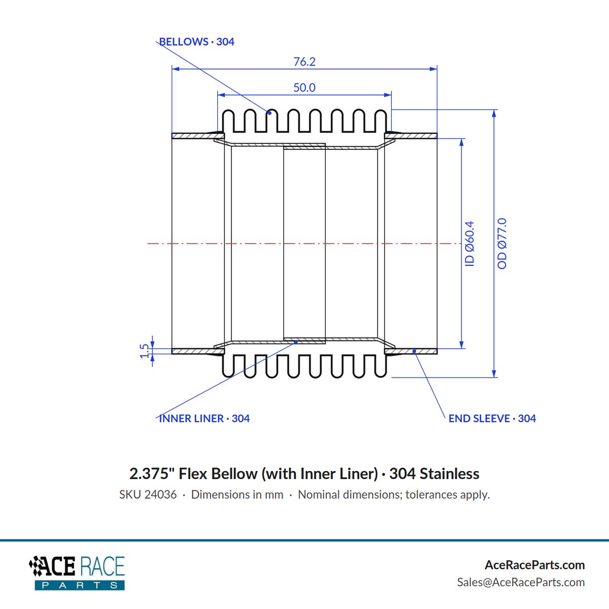 2.375" Flex Bellow (with Inner Liner) x 3.000" Overall Length - 304 Stainless