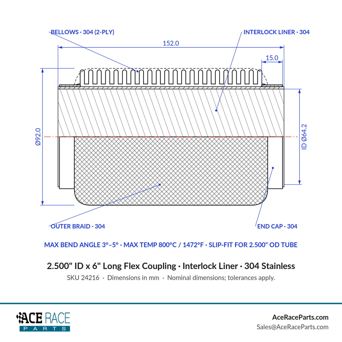 2.500" ID x 6" Long Flex Coupling (Interlock Liner) 304 Stainless