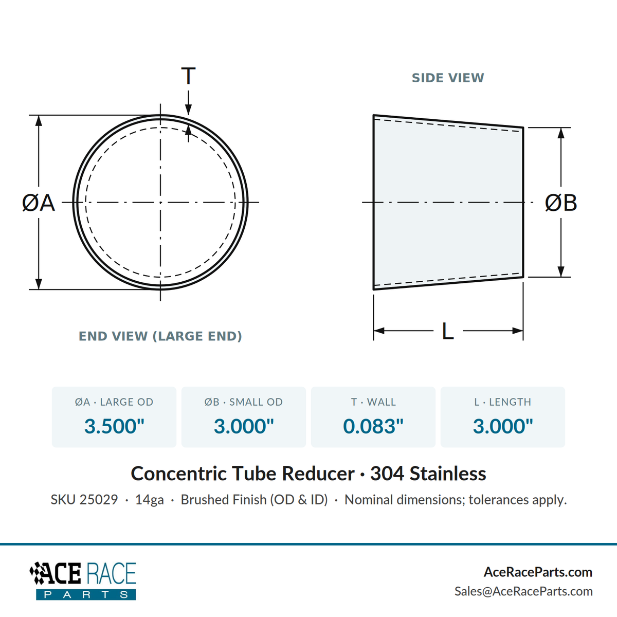 3.500" OD x 3.000" OD 14ga Reducer (3.000" Long) - Brushed Finish - 304 Stainless