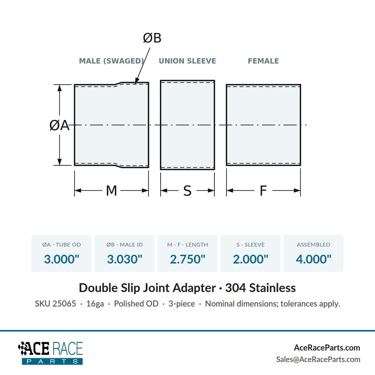 3.000" OD Double Slip Joint Adapter - Polished OD - 304 Stainless