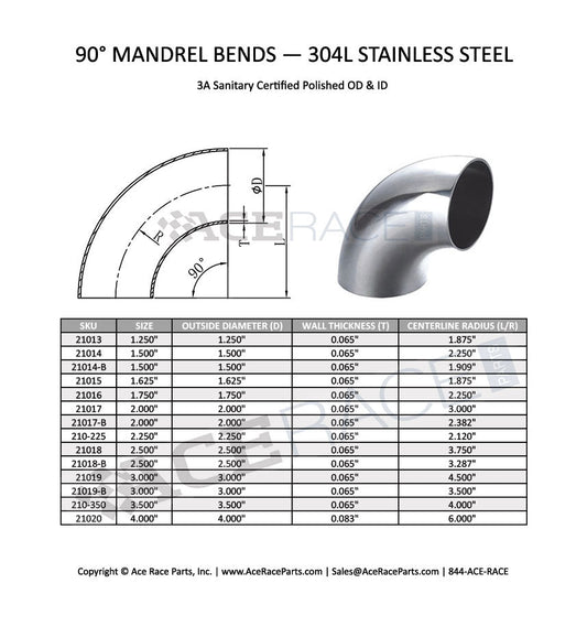 2.250" 16ga 90° Mandrel Bend - (2.677" CLR) - Brushed Finish - 304 Stainless