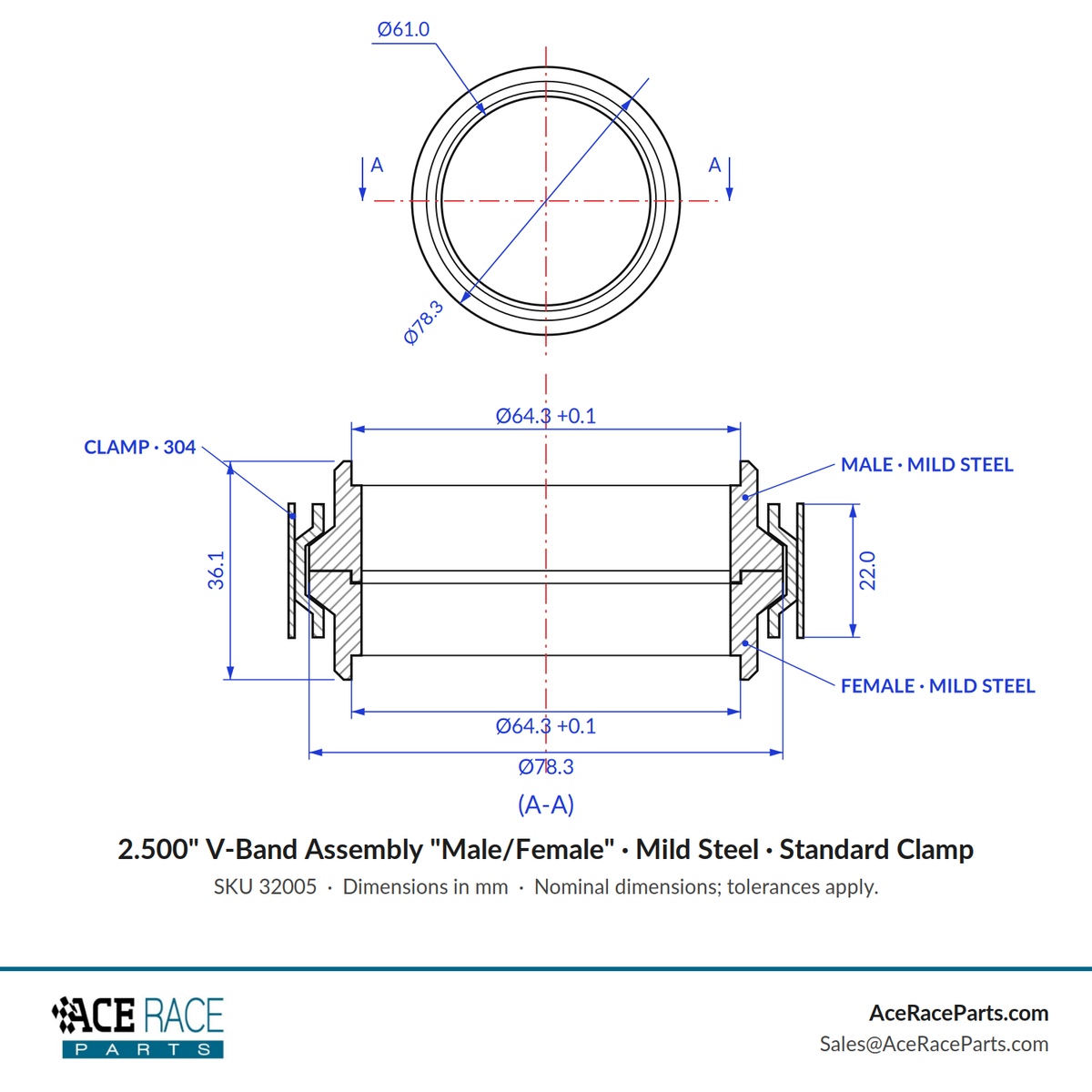 2.500" V-Band Assembly "Male/Female" Mild Steel - Standard Clamp
