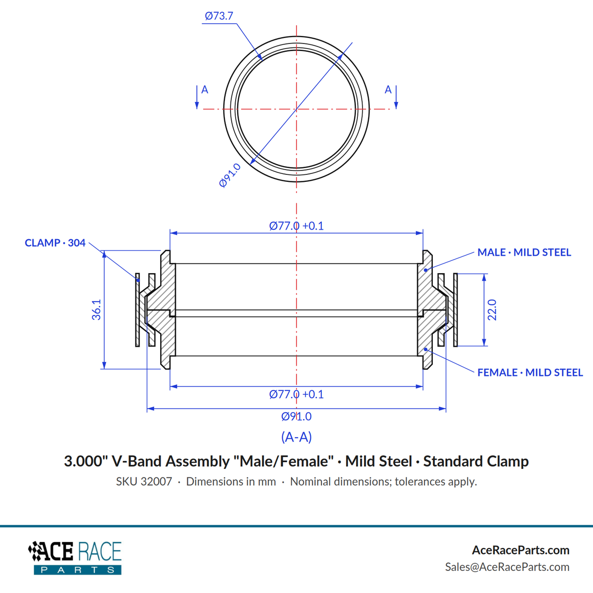 3.000" V-Band Assembly "Male/Female" Mild Steel - Standard Clamp