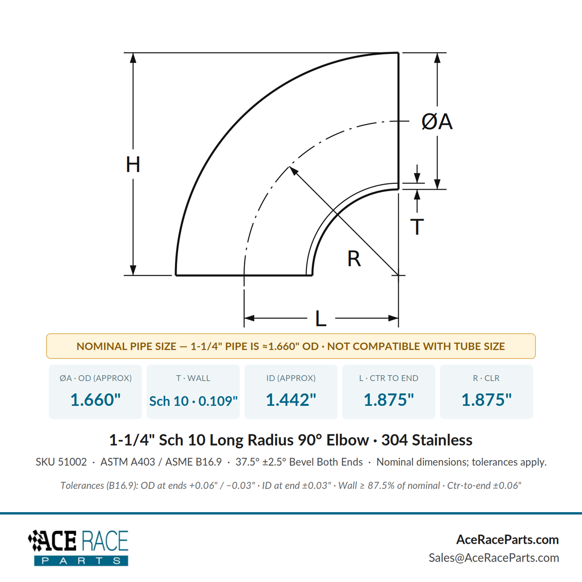 1-1/4" Schedule 10 Long Radius 90° Elbow 304 Stainless