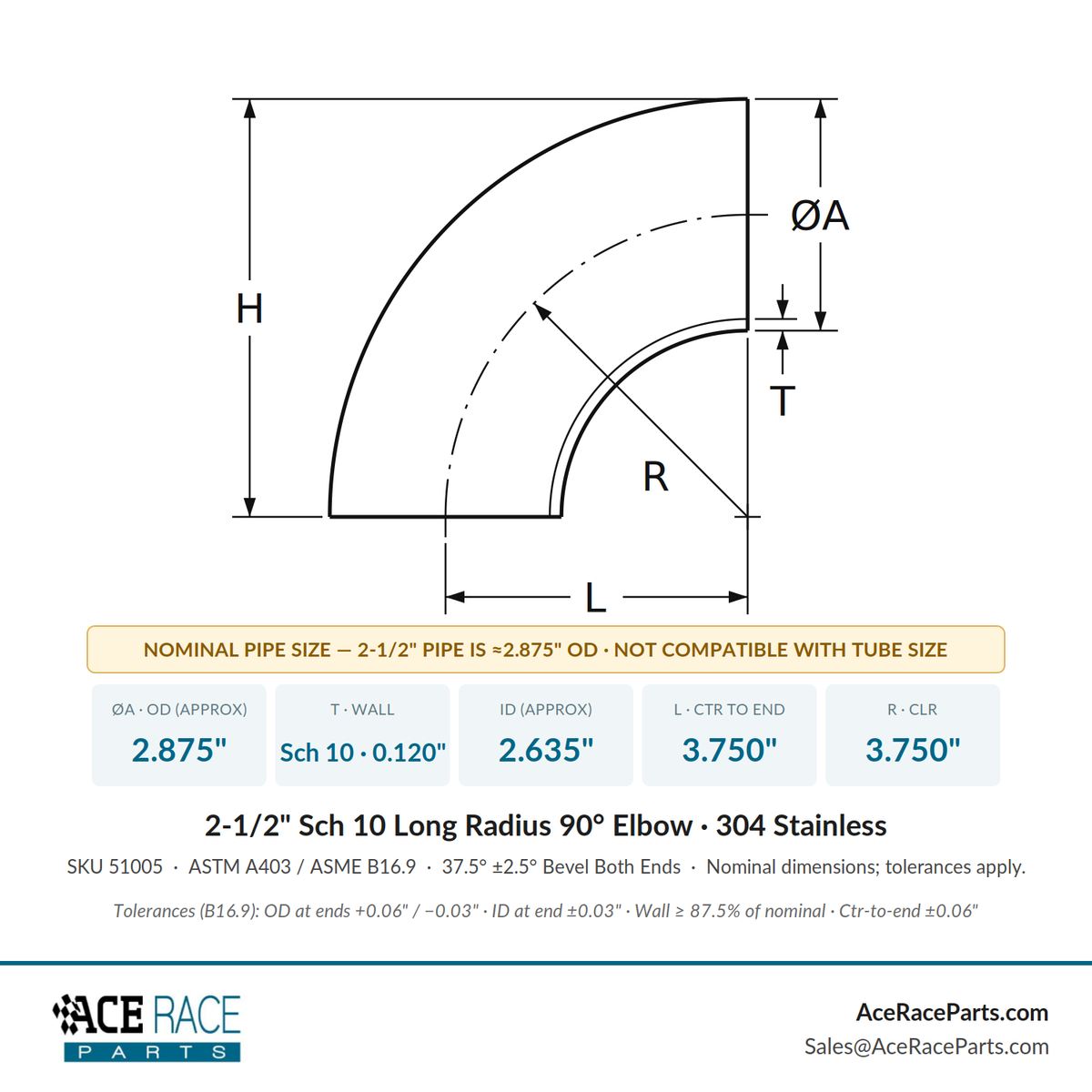 2-1/2" Schedule 10 Long Radius 90° Elbow 304 Stainless
