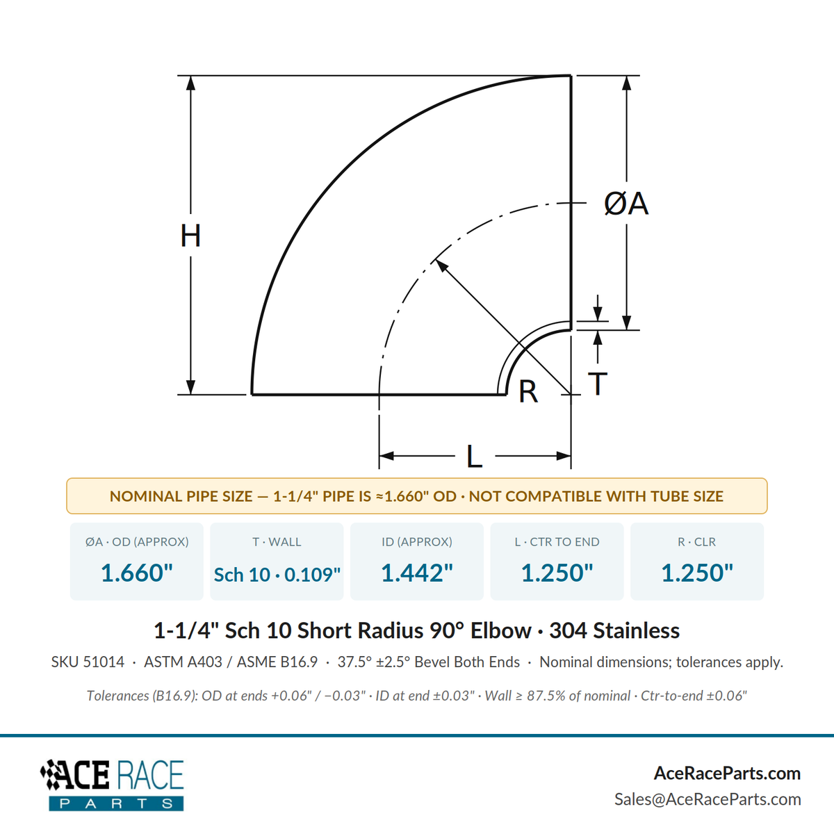 1-1/4" Schedule 10 Short Radius 90° Elbow 304 Stainless
