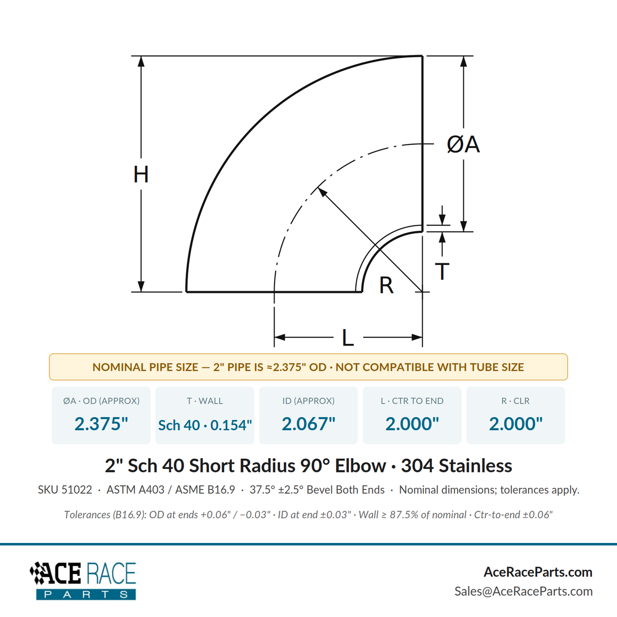 2" Schedule 40 Short Radius 90° Elbow 304 Stainless
