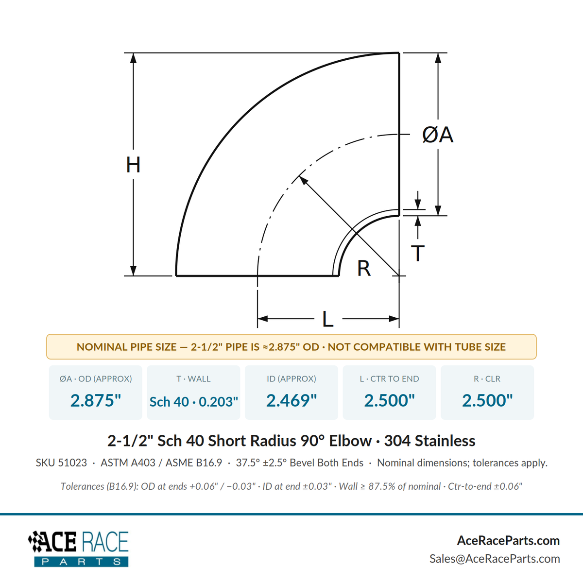 2-1/2" Schedule 40 Short Radius 90° Elbow 304 Stainless
