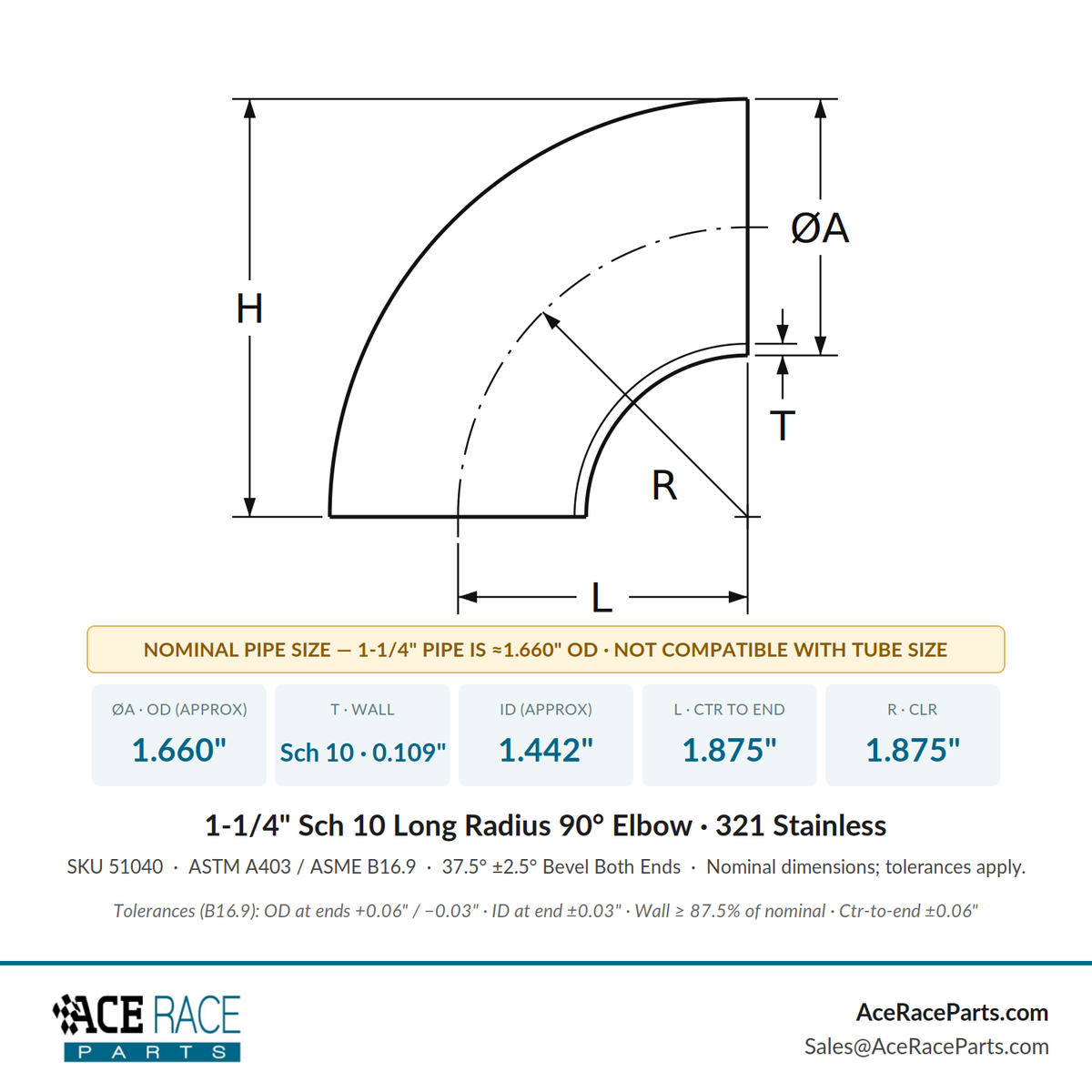 1-1/4" Schedule 10 Long Radius 90° Elbow 321 Stainless