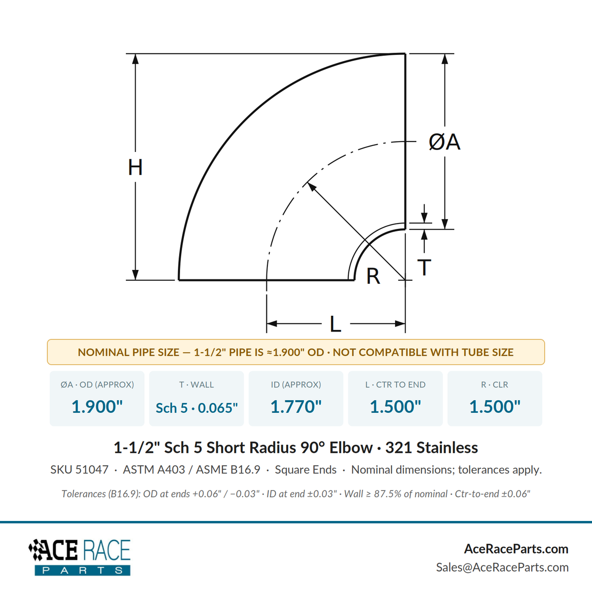 1-1/2" Schedule 5 Short Radius 90° Elbow 321 Stainless