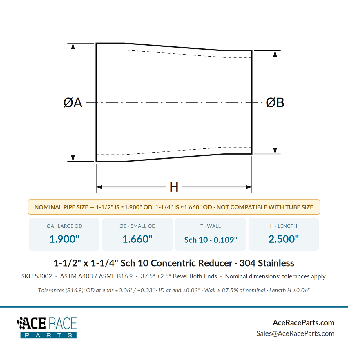 1-1/2" x 1-1/4" Schedule 10 Concentric Reducer 304 Stainless