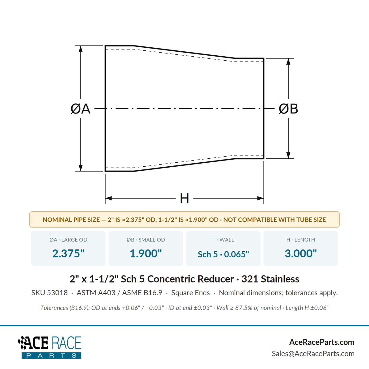 2" x 1-1/2" Schedule 5 Concentric Reducer 321 Stainless