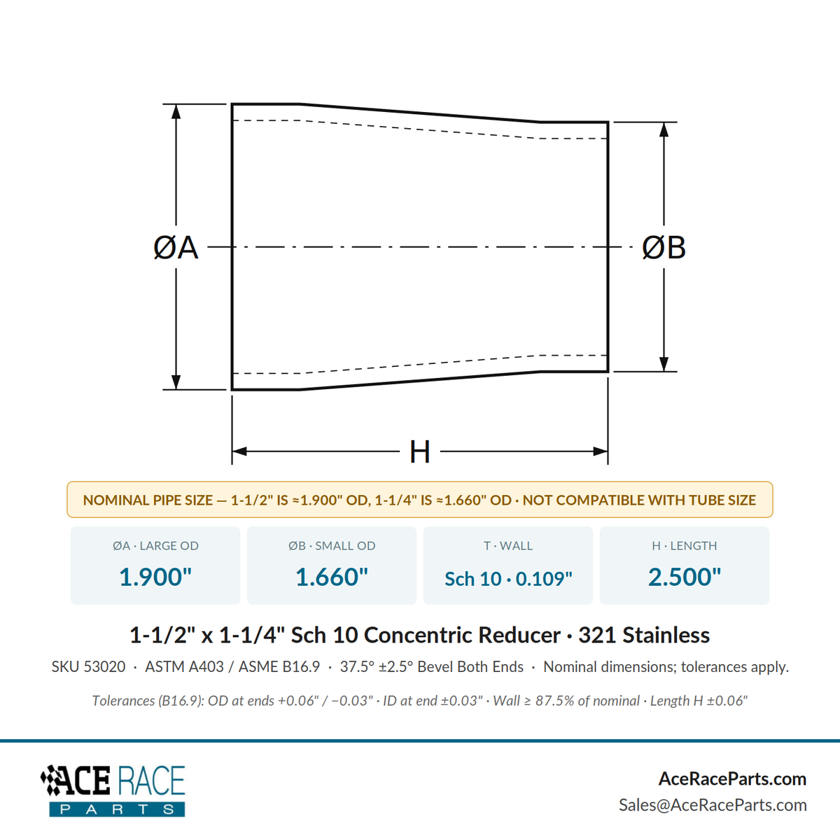 1-1/2" x 1-1/4" Schedule 10 Concentric Reducer 321 Stainless