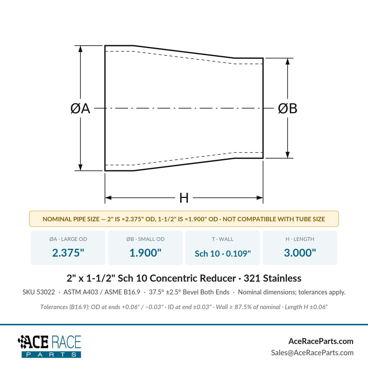 2" x 1-1/2" Schedule 10 Concentric Reducer 321 Stainless