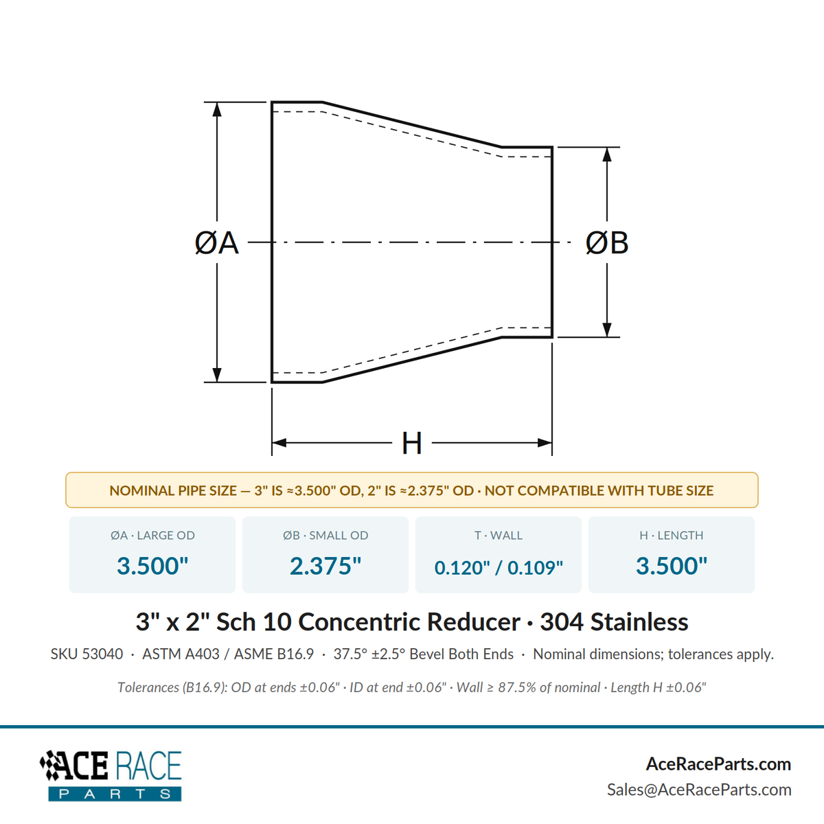 3" x 2" Schedule 10 Concentric Reducer 304 Stainless