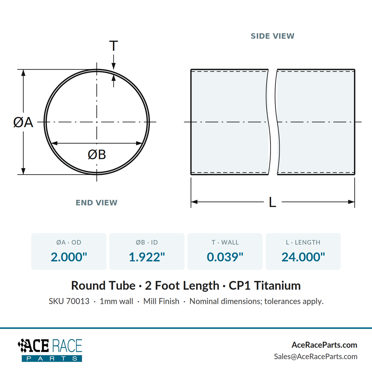 2.000" OD x 0.039" (1mm) Wall Tube CP1 Titanium - 2 Foot Length