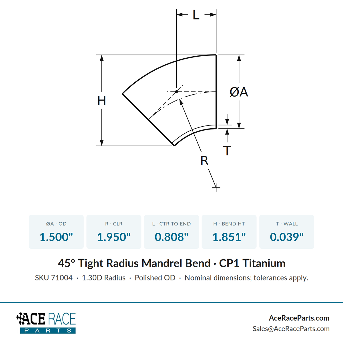 1.500" OD x 0.039" (1mm) Tight Radius 45° Mandrel Bend - (1.950" CLR) - CP1 Titanium