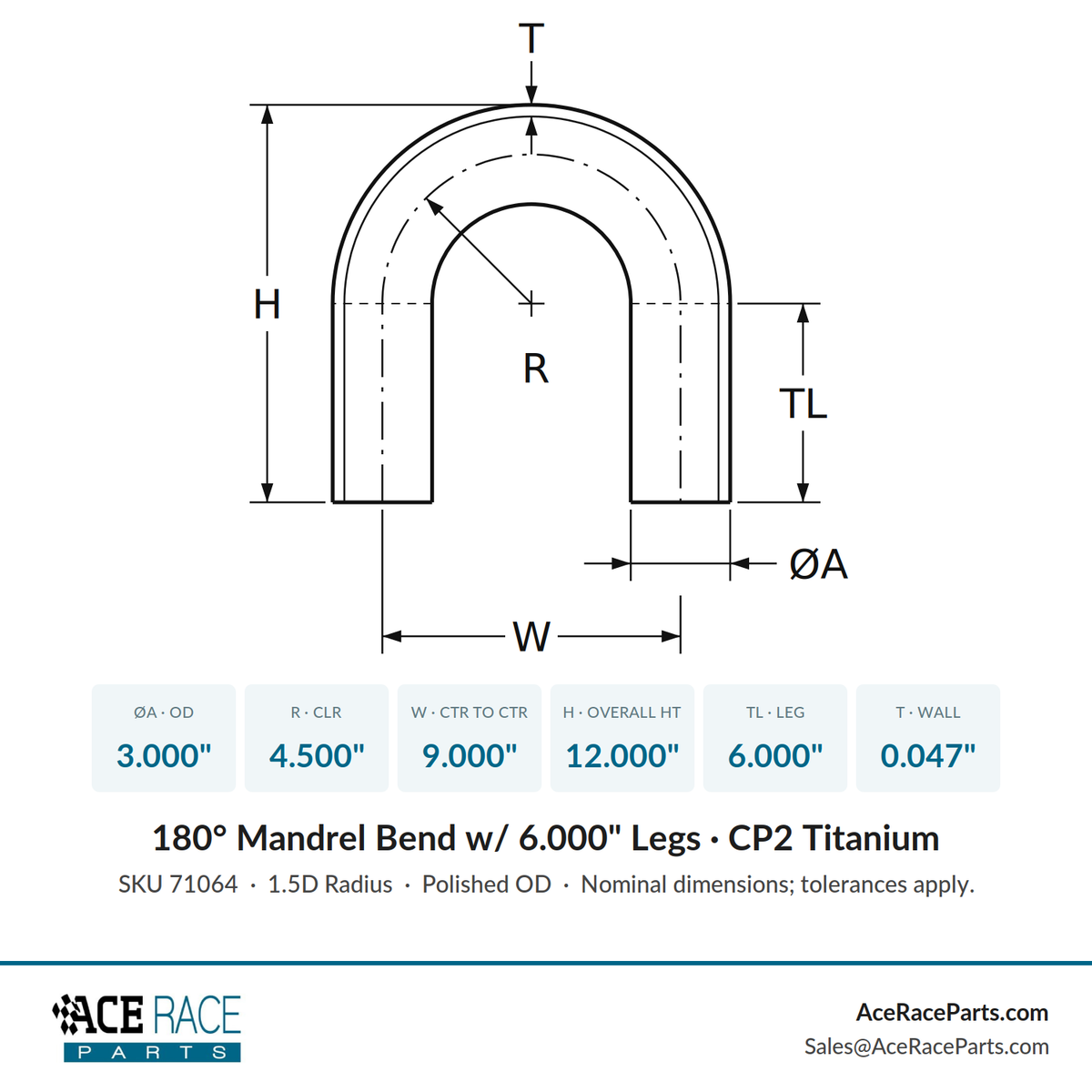 3.000" x 0.047" 180° Mandrel Bend CP2 Titanium - (4.500" CLR / 6.000" Legs)