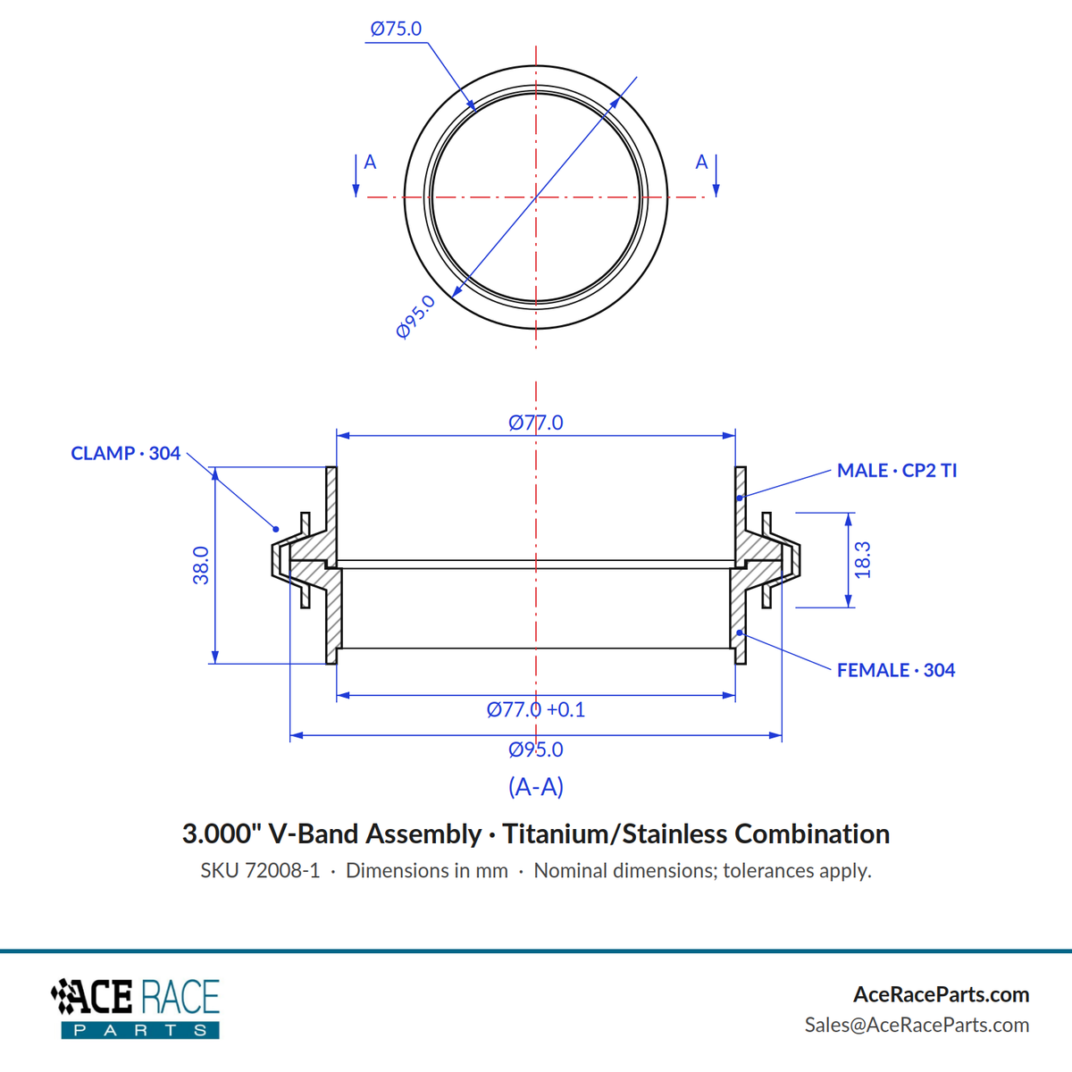 3.000" V-Band Assembly "Male/Female" - Titanium/Stainless Combination