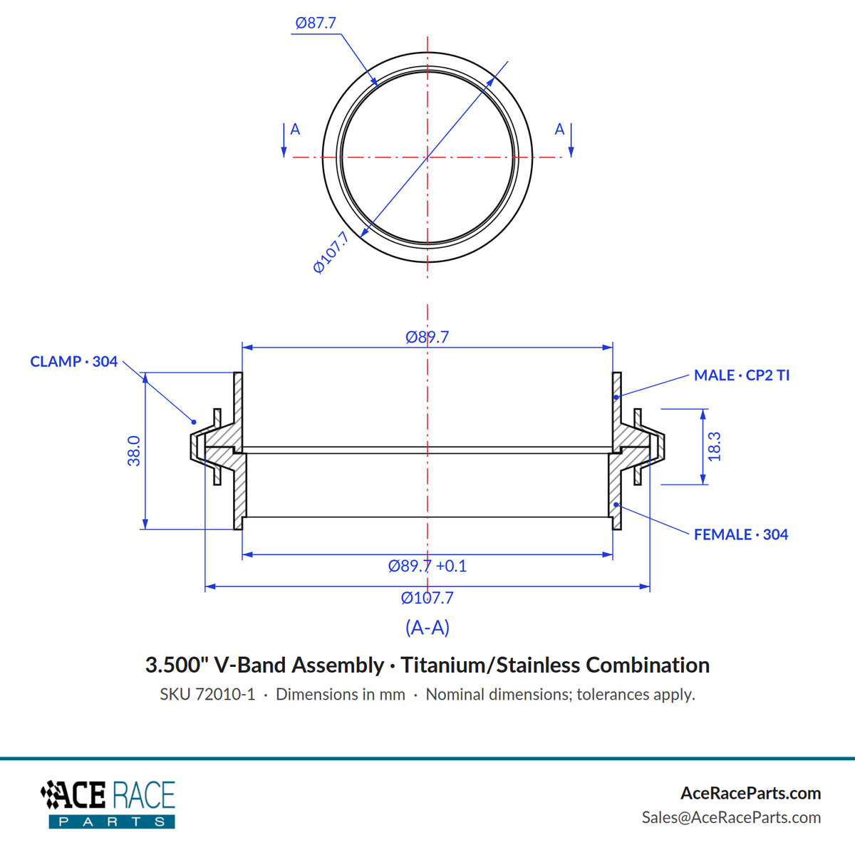 3.500" V-Band Assembly "Male/Female" - Titanium/Stainless Combination
