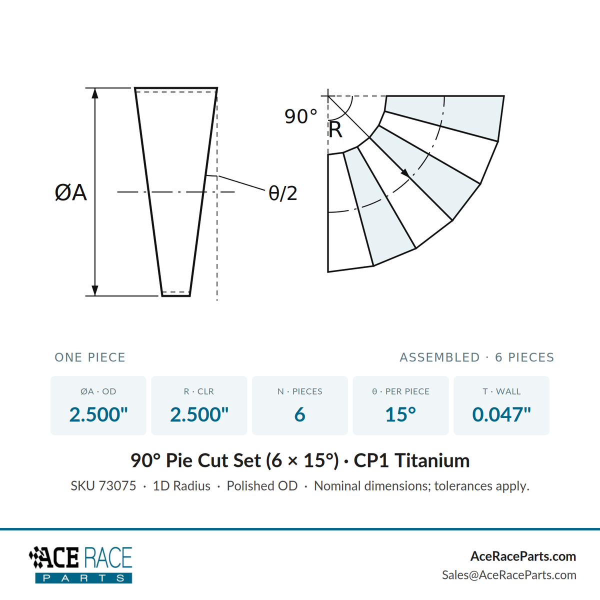 2.500" OD x 0.047" (1.2mm) Short Radius (1D) Pie Cut CP1 Titanium (90° Bend - 6 Pieces Total)