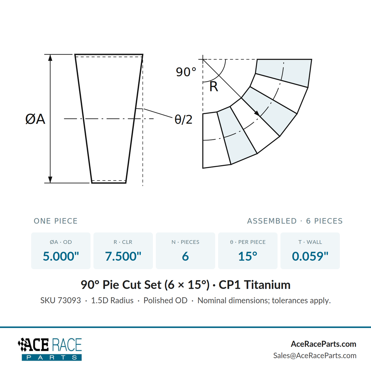 5.000" OD x 0.059" (1.5mm) Long Radius (1.5D) Pie Cut CP1 Titanium (90° Bend - 6 Pieces Total)