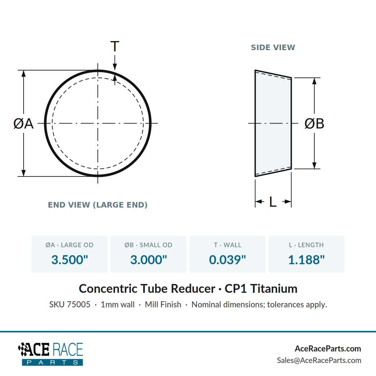 3.500" OD x 3.000" OD 0.039" (1mm) Reducer CP1 Titanium - (1.188" Long)
