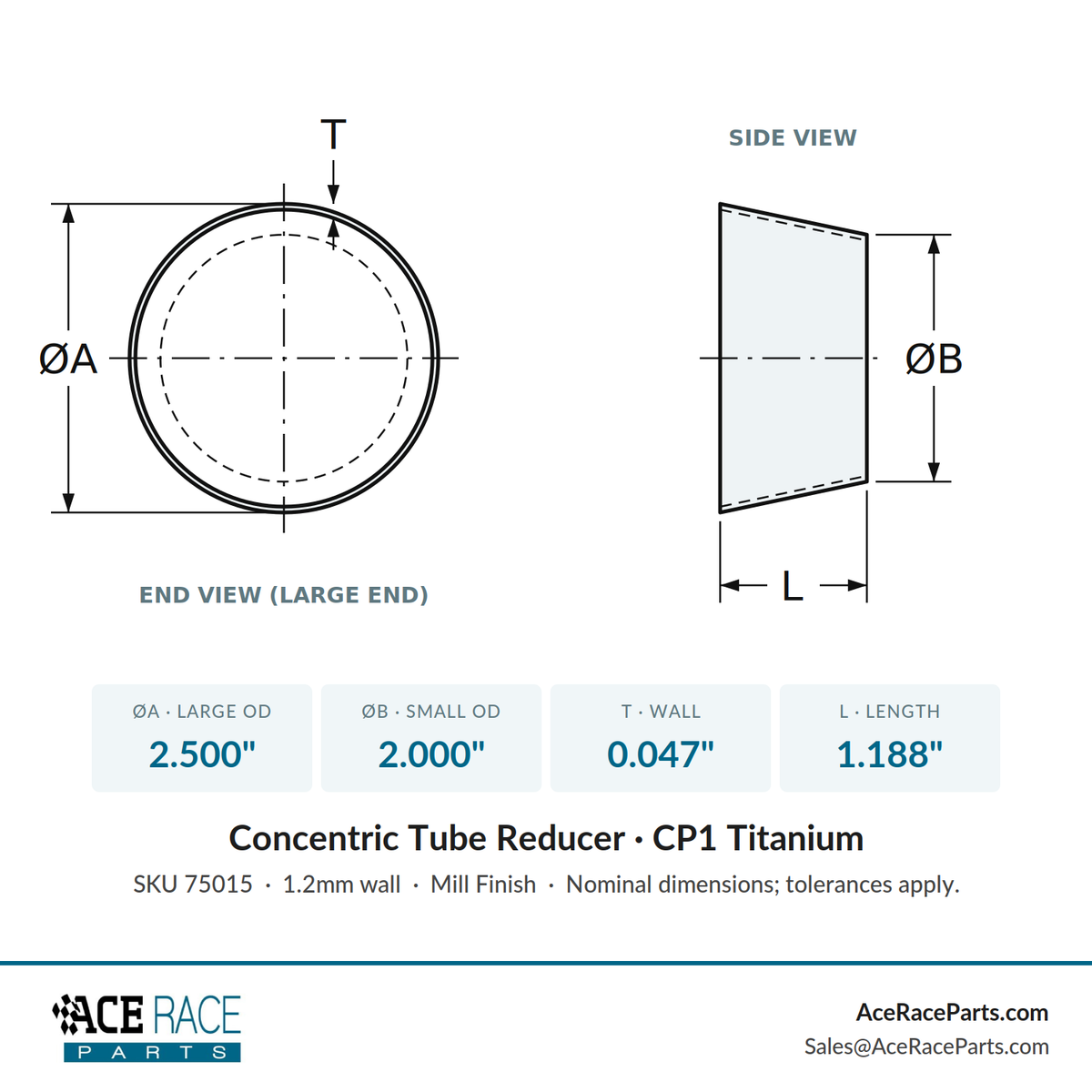 2.500" OD x 2.000" OD 0.047" (1.2mm) Reducer CP1 Titanium - (1.188" Long)