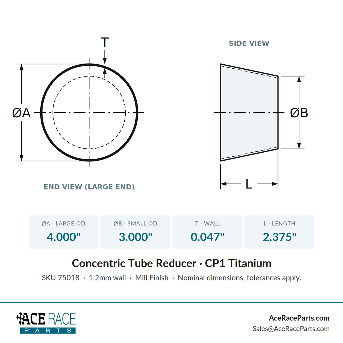 4.000" OD x 3.000" OD 0.047" (1.2mm) Reducer CP1 Titanium - (2.375" Long)