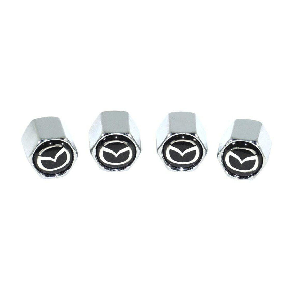 Chrome Valve Stem Tire Caps, Style: MAZDA on Black Background