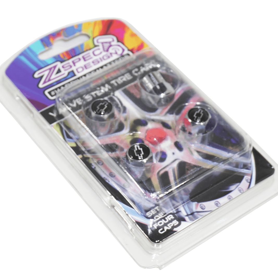 Chrome Valve Stem Tire Caps, Style: Chevy, Black & Chrome Bow-Tie