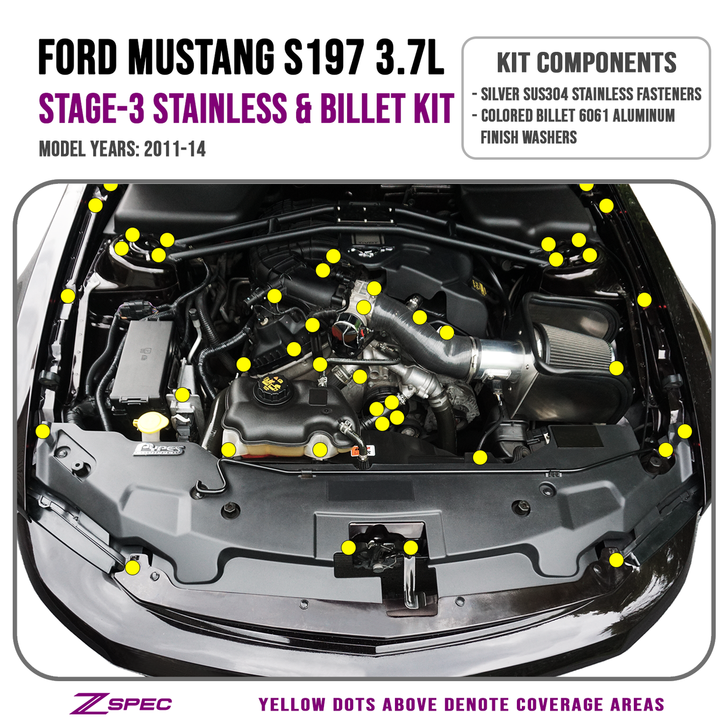 ZSPEC Stage-3 Dress Up Bolts® Fastener Kit for '11-14 Ford Mustang V6 S197, Stainless & Billet