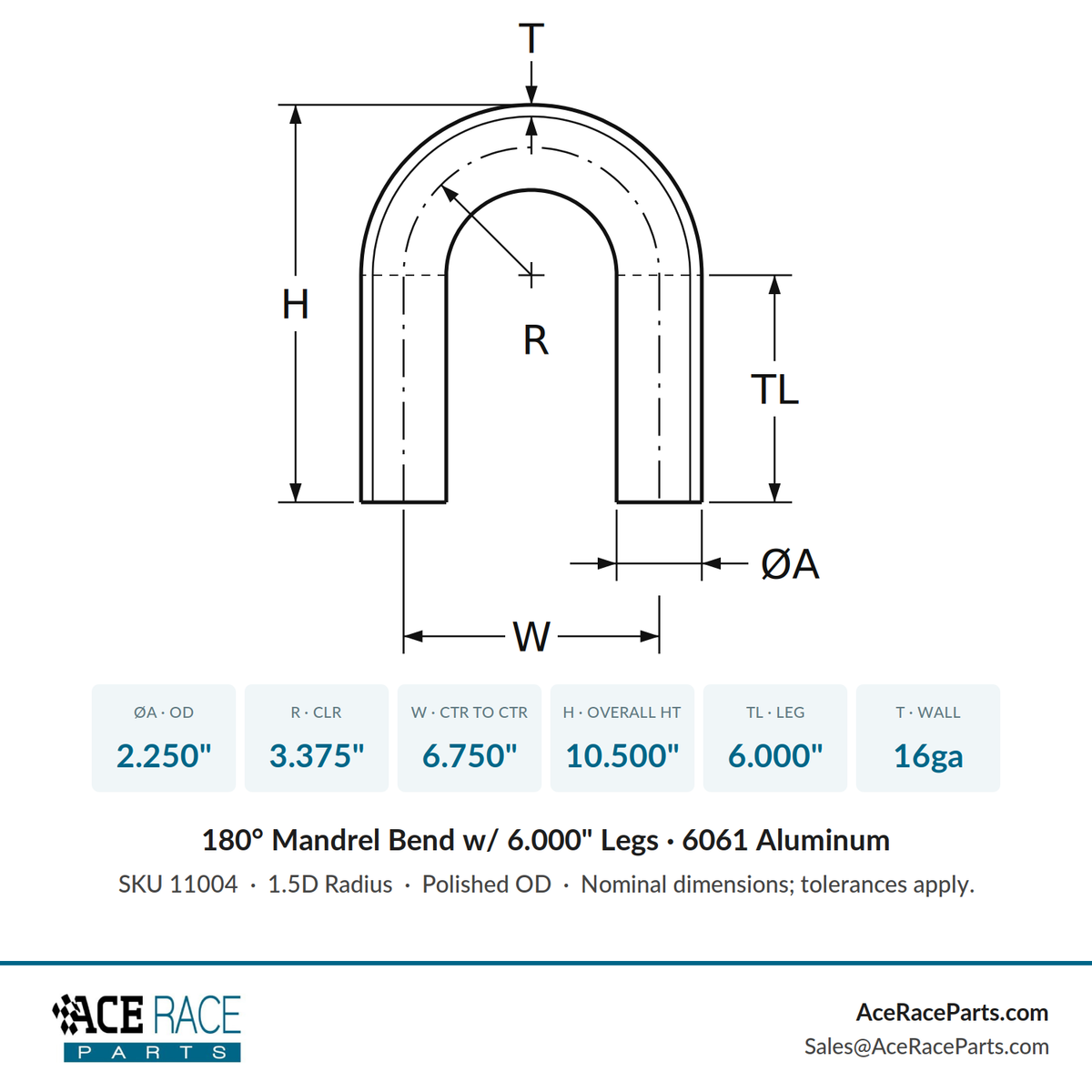 2.250" OD 16ga 180° Mandrel Bend - Polished OD - 6061 Aluminum - (3.375" CLR / 6.000" Legs)