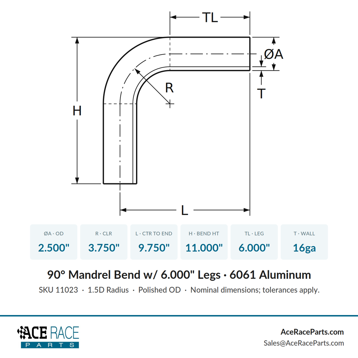 2.500" OD 16ga 90° Mandrel Bend - Polished OD - 6061 Aluminum - (3.750" CLR / 6.000" Legs)