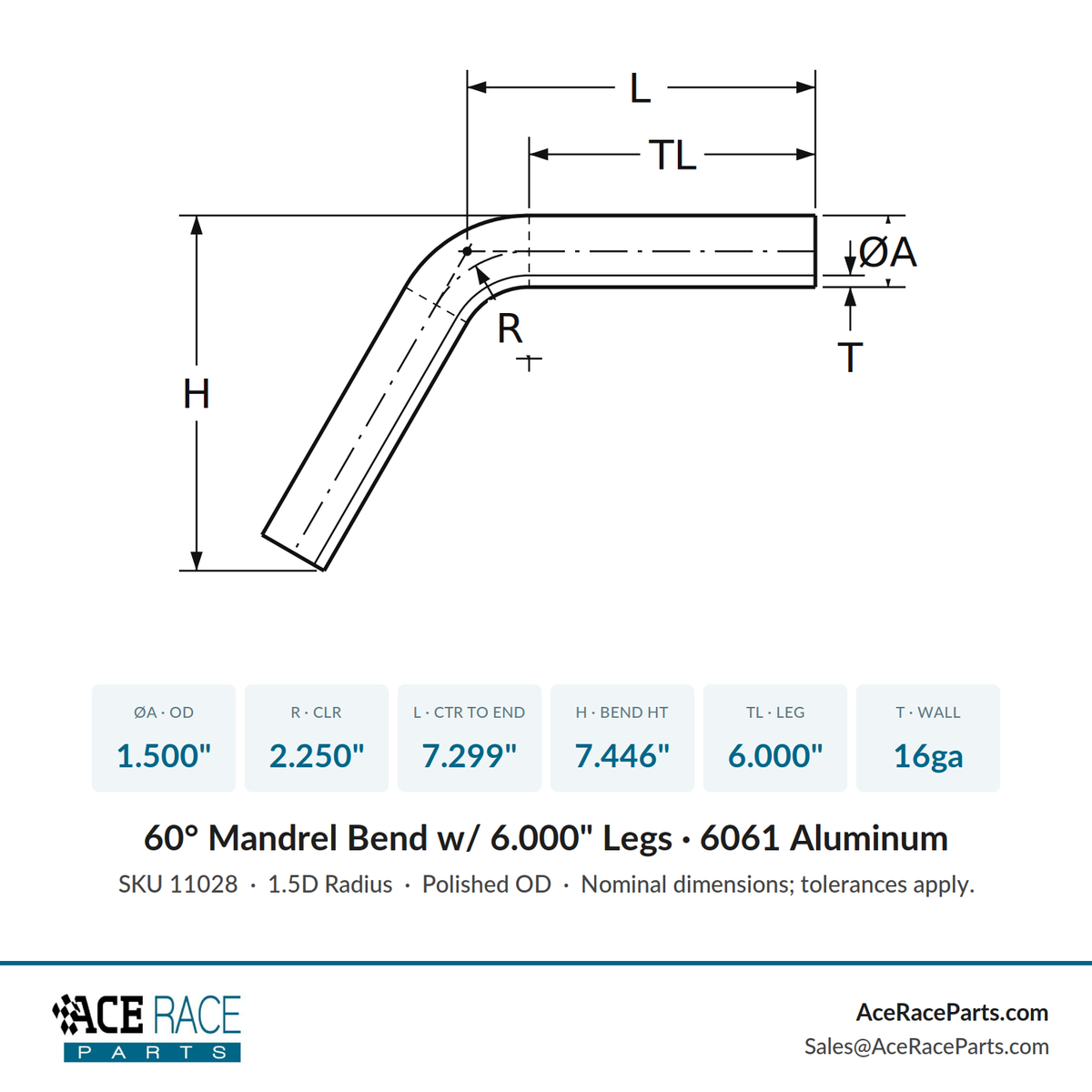 1.500" OD 16ga 60° Mandrel Bend - Polished OD - 6061 Aluminum - (2.250" CLR / 6.000" Legs)