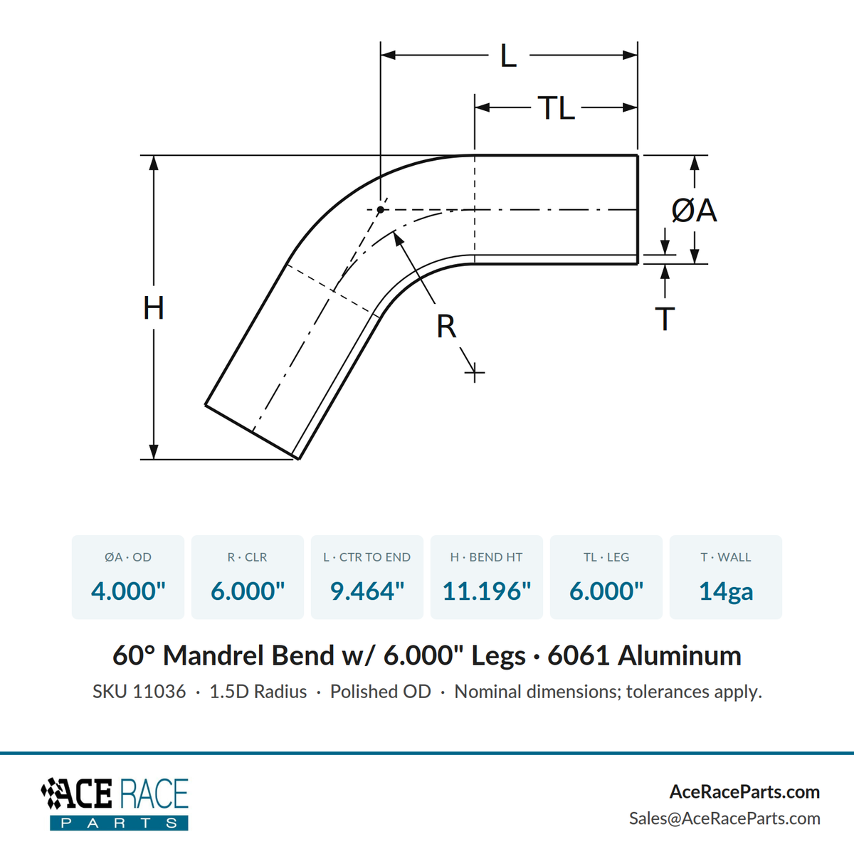 4.000" OD 14ga 60° Mandrel Bend - Polished OD - 6061 Aluminum - (6.000" CLR / 6.000" Legs)