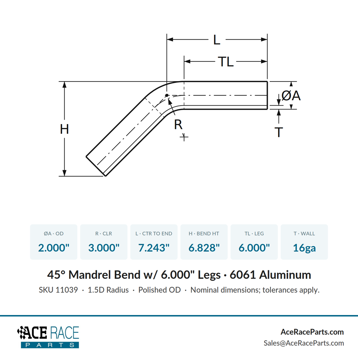 2.000" OD 16ga 45° Mandrel Bend - Polished OD - 6061 Aluminum - (3.000" CLR / 6.000" Legs)