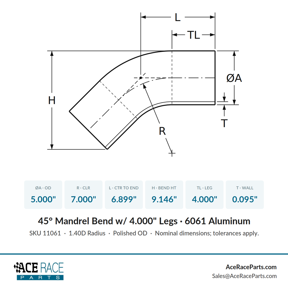 5.000" OD 14ga 45° Mandrel Bend - Polished OD - 6061 Aluminum - (7.000" CLR / 4.000" Legs)