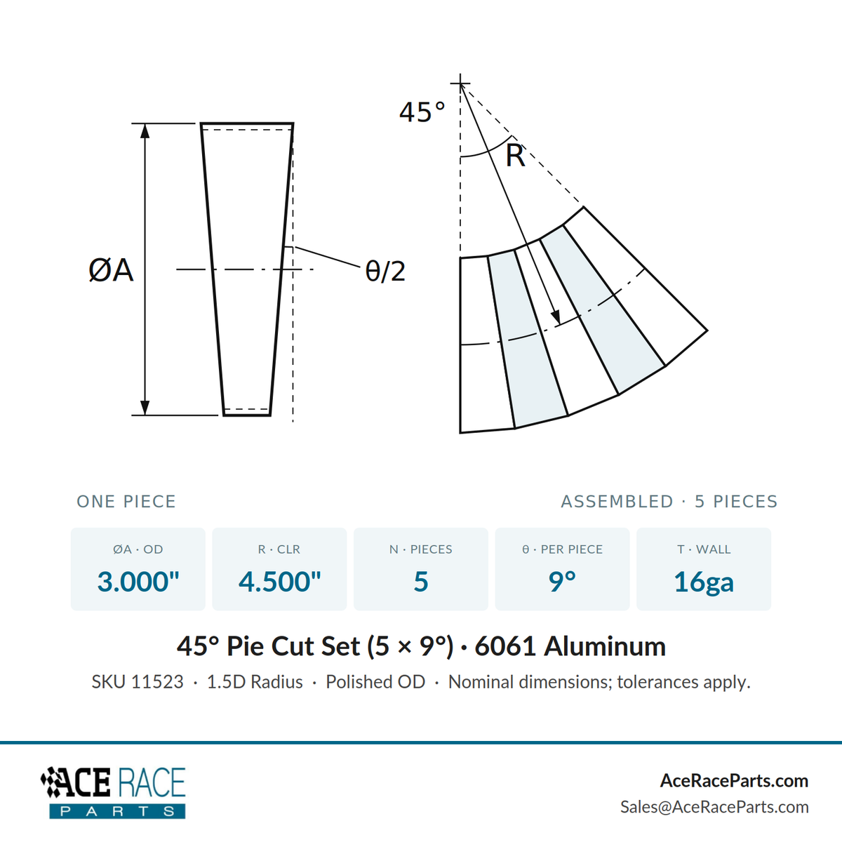 3.000" 16ga Long Radius (1.5D) Pie Cut - Polished OD - Aluminum (45° Bend - 5 Pieces Total)