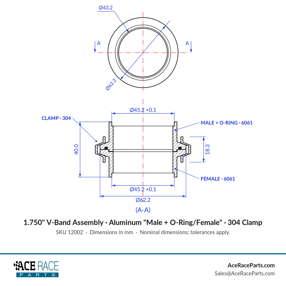 1.750" V-Band Assembly - Aluminum "Male + O-Ring/Female" Flanges, 304 Stainless Clamp