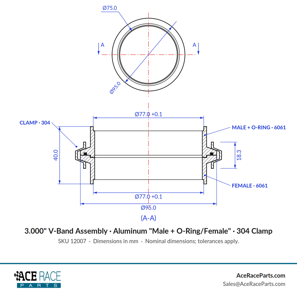 3.000" V-Band Assembly - Aluminum "Male + O-Ring/Female" Flanges, 304 Stainless Clamp