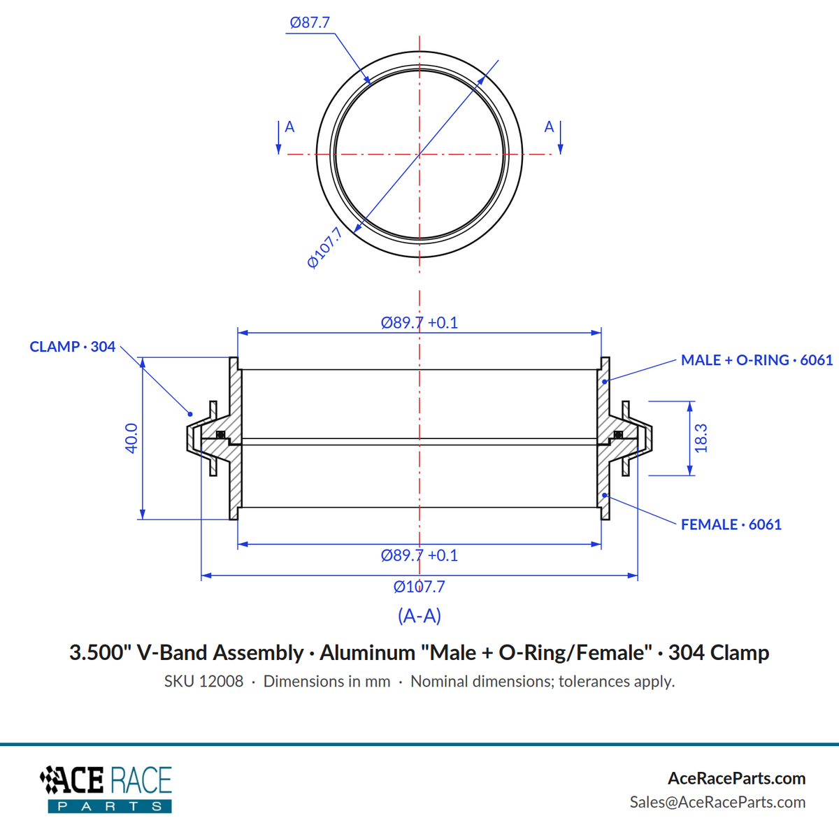 3.500" V-Band Assembly - Aluminum "Male + O-Ring/Female" Flanges, 304 Stainless Clamp