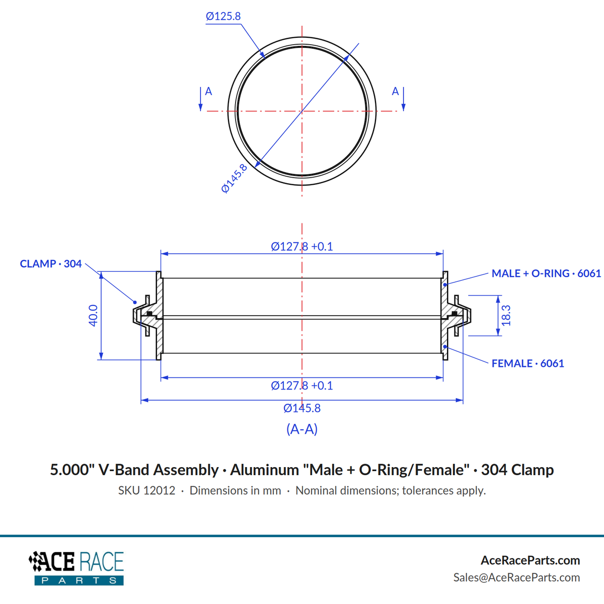 5.000" V-Band Assembly  - Aluminum "Male + O-Ring/Female" Flanges, 304 Stainless Clamp