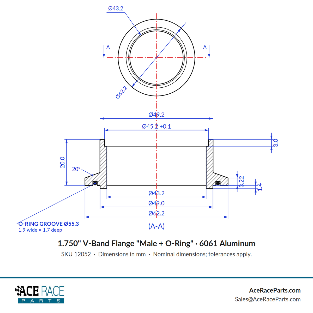 1.750" V-Band Flange "Male + O-Ring" 6061 Aluminum