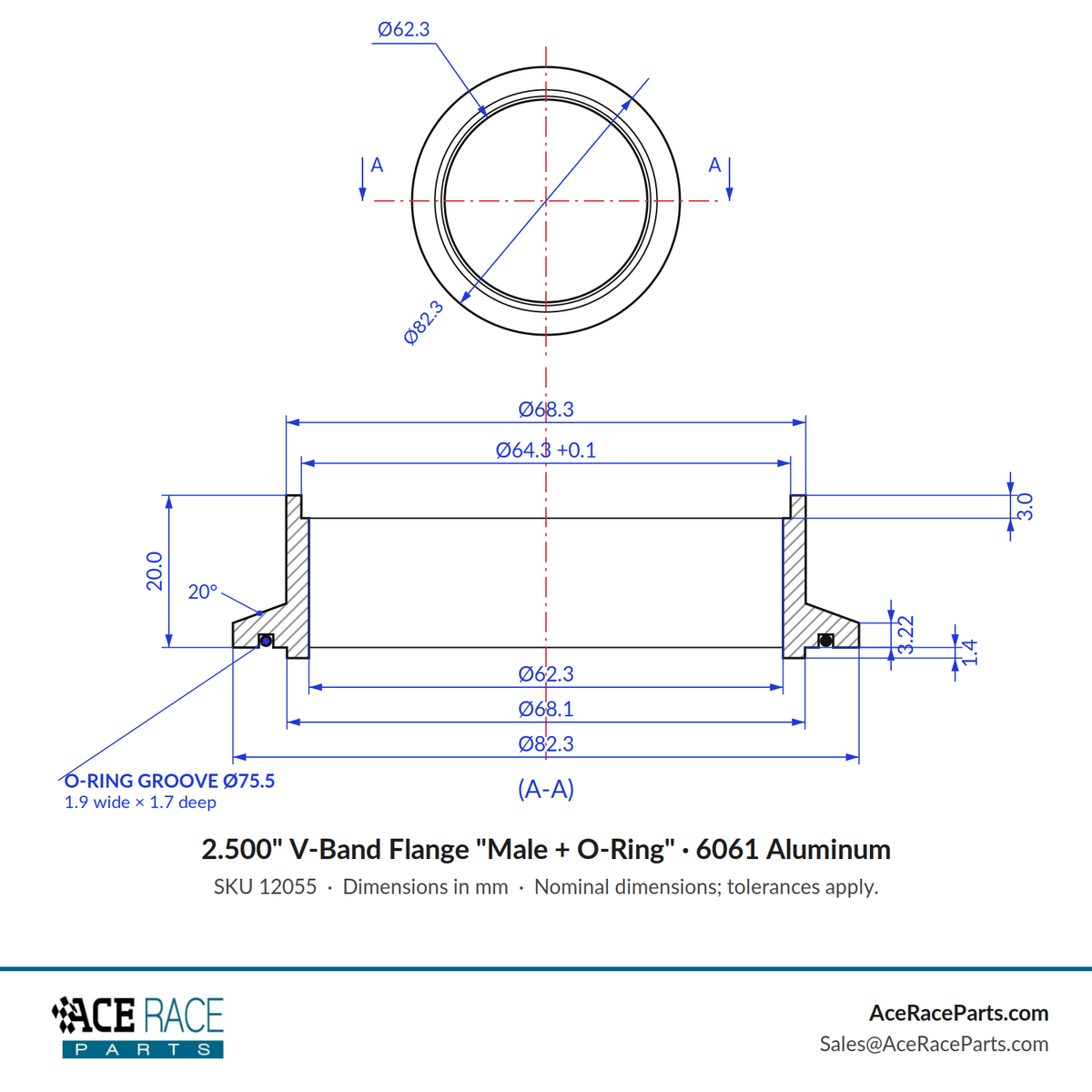 2.500" V-Band Flange "Male + O-Ring" 6061 Aluminum