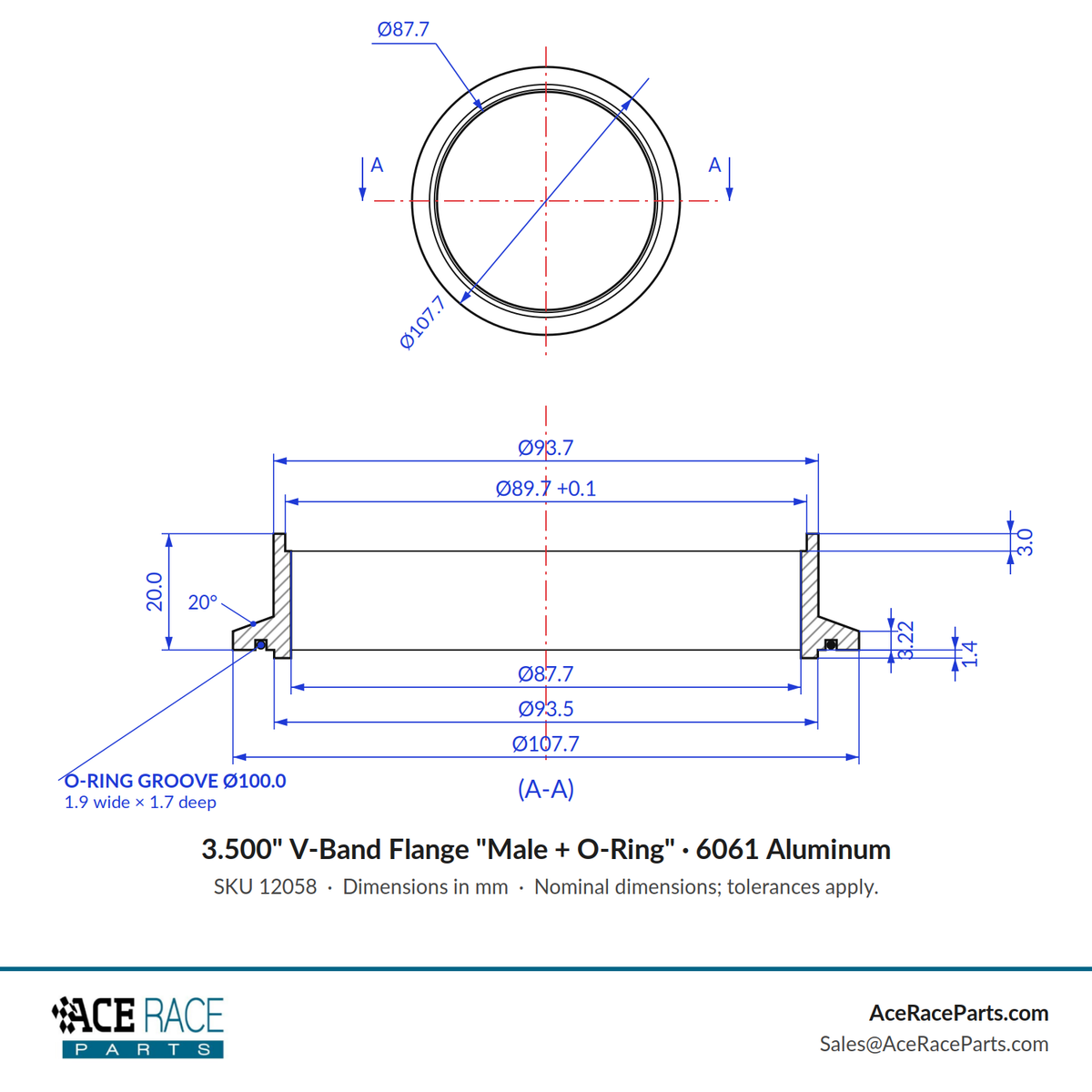 3.500" V-Band Flange "Male + O-Ring" 6061 Aluminum