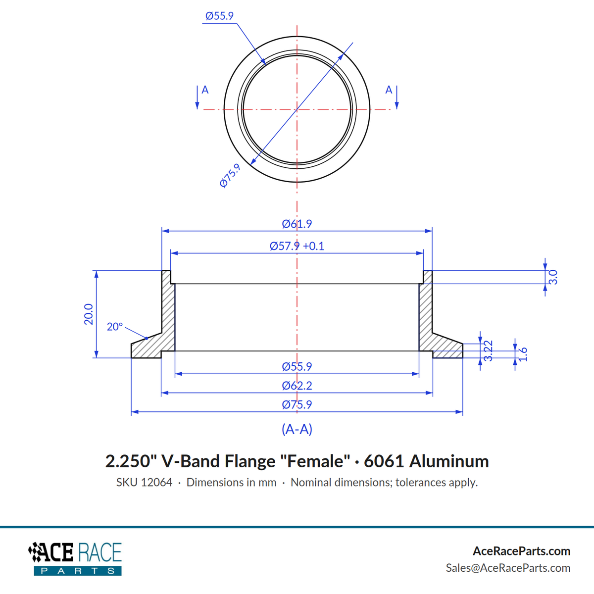 2.250" V-Band Flange "Female" 6061 Aluminum
