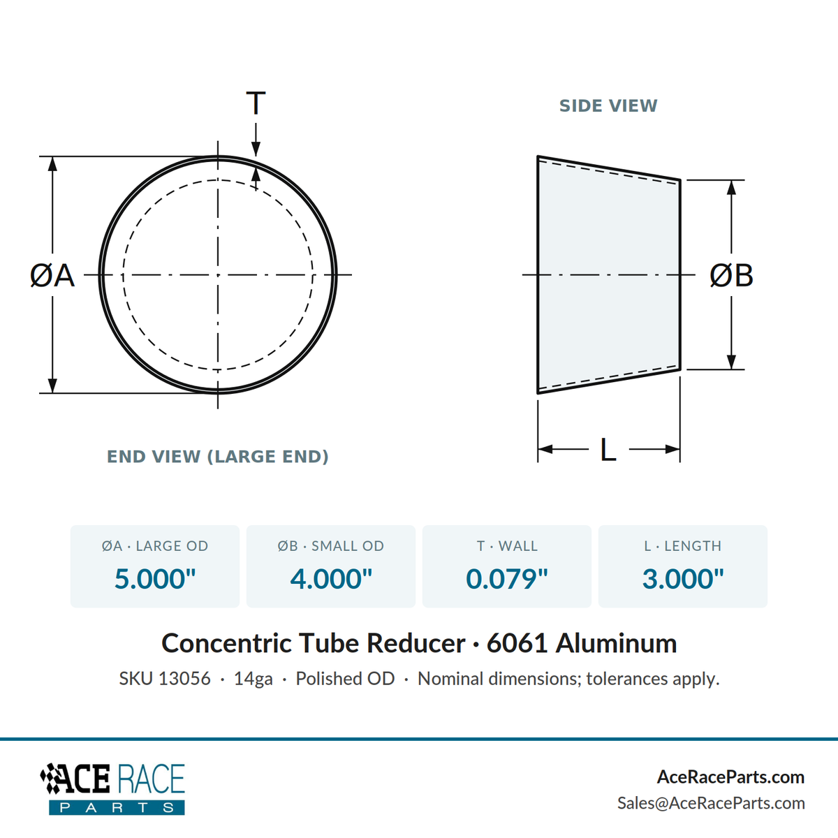 5.000" OD x 4.000" OD 14ga Reducer - Polished OD - 6061 Aluminum - (3.000" Long)